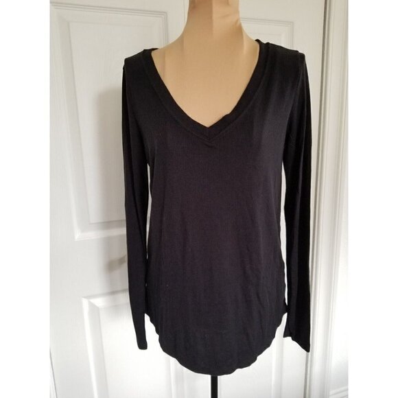 TREASURE AND BOND WOMENS BLACK LONG SLEEVE V-NECK RIB KNIT TOP SIZE MEDIUM - Picture 1 of 9
